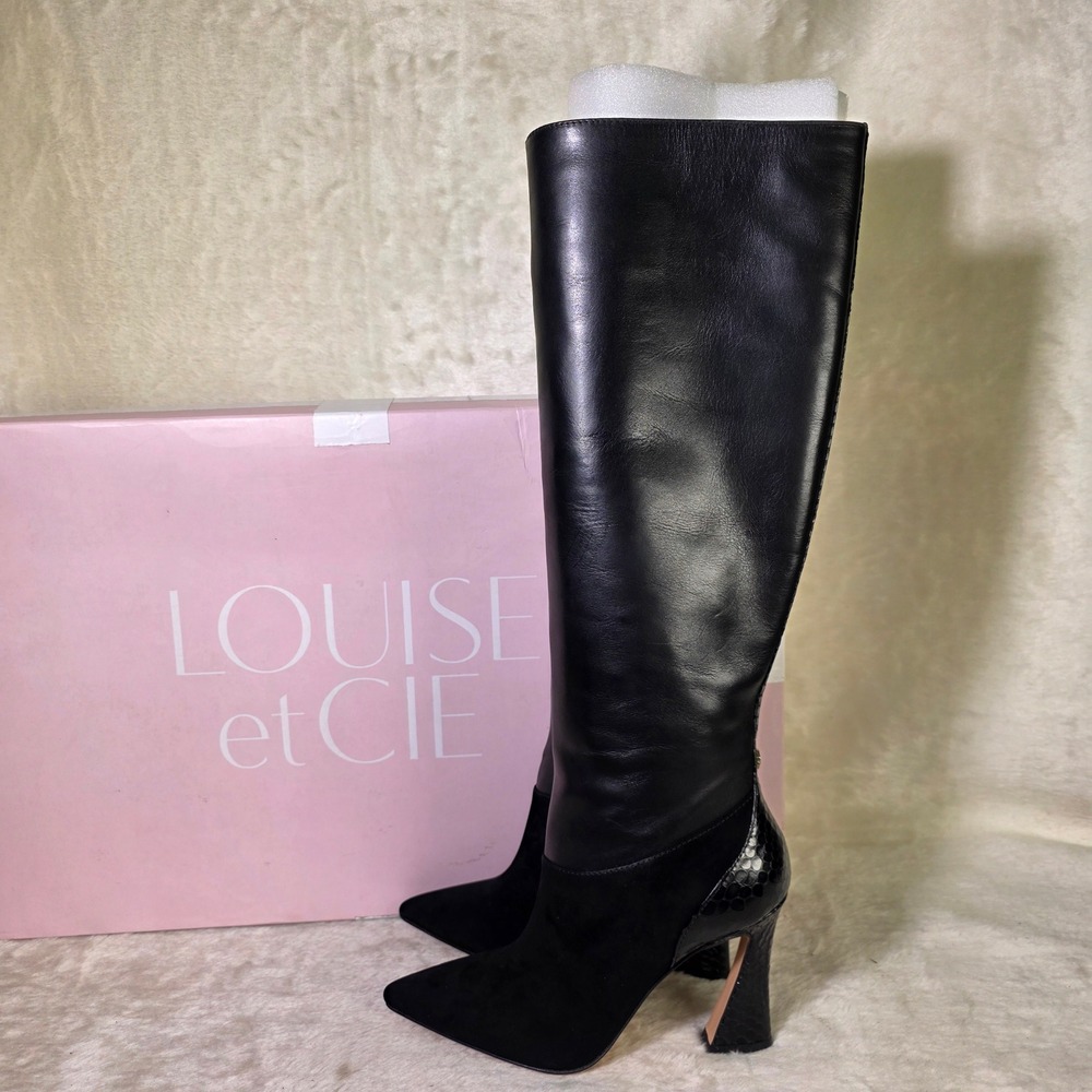 Louise et Cie Jacori Tall Boots Black Leather Suede Snake Dressy Women 7M NEW